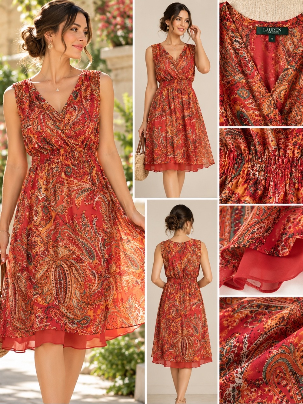 NWT Lauren Ralph Lauren Paisley Chiffon Dress Size 12 Red Orange MSRP $140